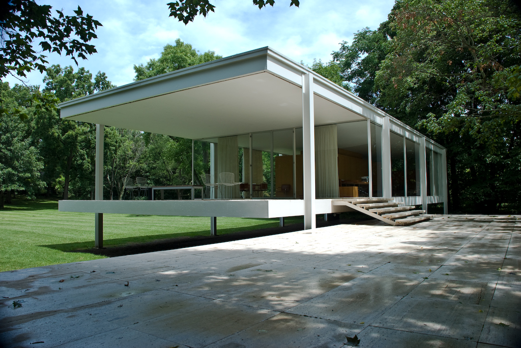 The play of volumes and glass in Mies Van Der Rohe's Farnsworth House.