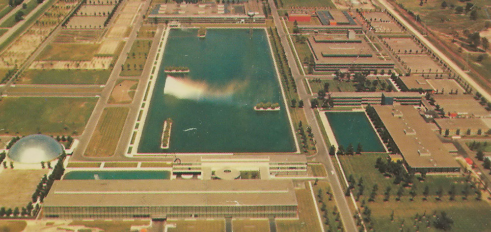 Aerial view of the expansive General Motors Tech Center designed by Eero Saarinen.