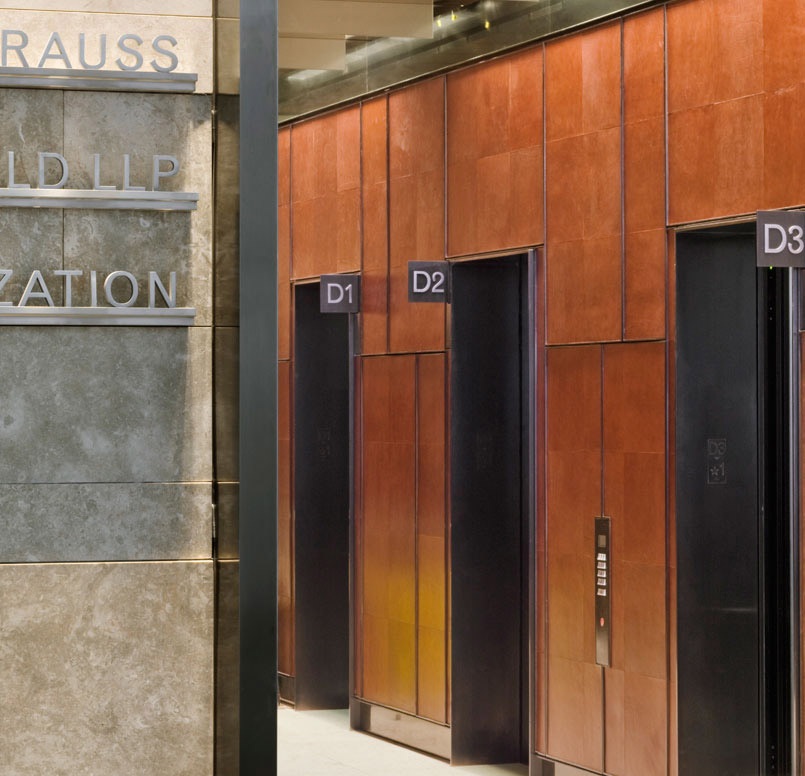 Leather clad elevator lobby of the Bank of America Tower in New York