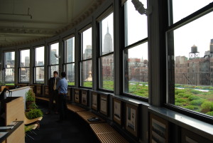 The COOKFOX studio has expansive views to a large greenroof and the New York skyline. Image copyright COOKFOX Architects.