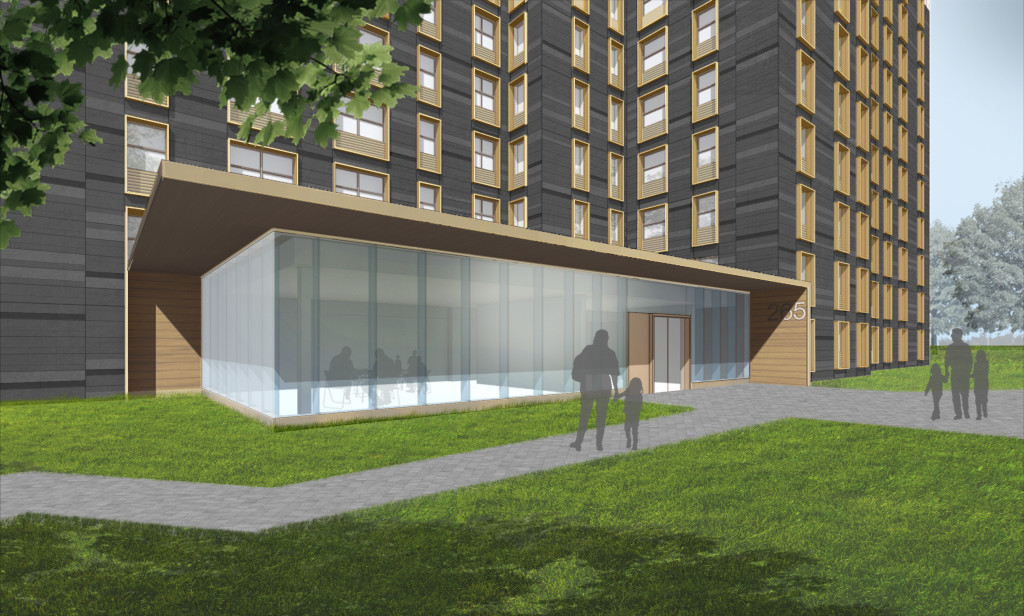 Proposed new entryways at the base of each retrofitted tower would provide safe shared community space for residents.