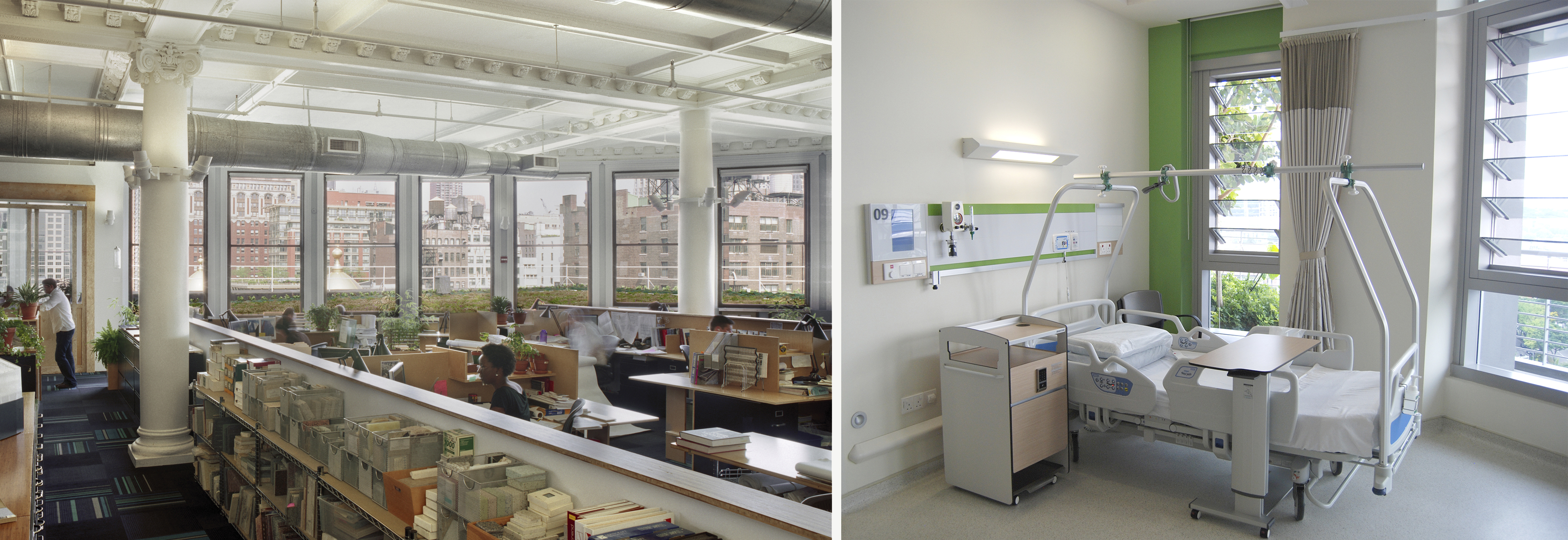 Different strategies are appropriate for different spaces. An office (left) with an open floor plan may serve its employees and clients best by using odors that have universally or culturally positive associations. Private spaces, such as hospital rooms (right), may have more control over local odor, allowing for personal preferences. Left image copyright Bilyana Dimitrova for COOKFOX Architects; right image courtesy of Bill Browning.