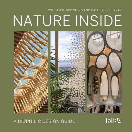 Nature Inside second edition book cover showing three images of biophilic building interiors