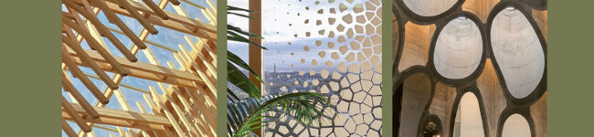 Nature Inside second edition book cover showing three images of biophilic building interiors