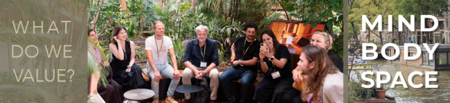 Mind-Body-Space Symposium logo and group photo with multiple participants sitting in a semi-circle in a hotel courtyard, asking