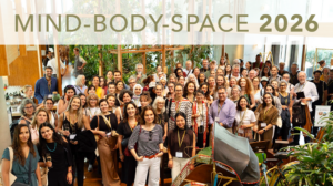 Mind-Body-Space 2026 Symposium attendees all together in the Hotel Jakarta's heavily vegetated lobby in Amsterdam.