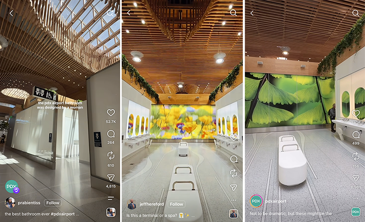 Three Instagram screenshots of the Portland Airport all-user restrooms, showing different perspectives and design features.