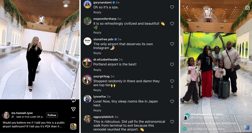 Three screen captures of Instagram posts including a woman taking a selfie in the restroom, a series of favorable comments about the resetrooms and a family of 5 taking a selfie.
